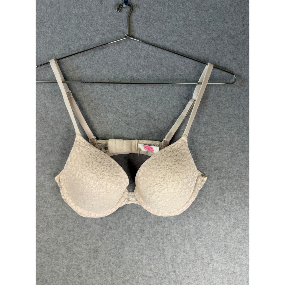 Victorias Secret PINK Lace Push Up Bra Beige Pink Lining Underwire 32B